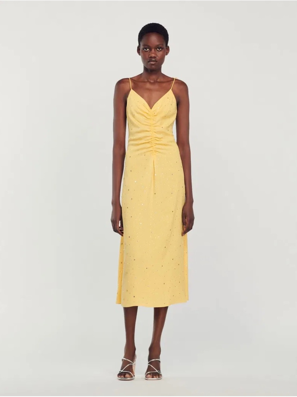 Sandro Crystal Embellished Ruched Crepe Midi Dress EU 36/US 4 - Picture 3 of 10